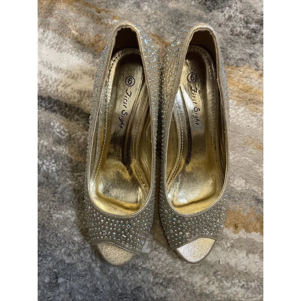 First Sight Gold Rhinestone Wedge Heels Womens 6 Open Toe Party Wedding Shoes